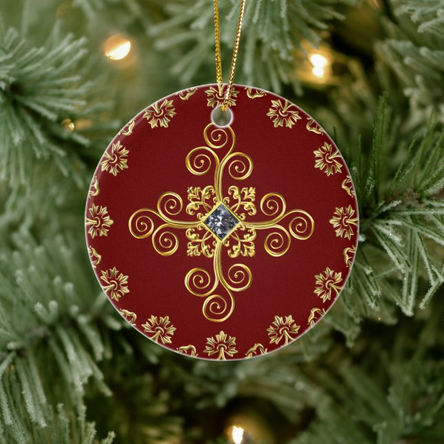 Klassisches Burgund und Gold Keramik Ornament (Baum)