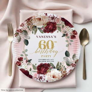 Klassisches Burgunder-Gold Floral Boho 60. Geburts Pappteller