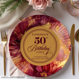 Klassisches Burgunder-Rosa Goldene Blumen 50. Gebu Pappteller