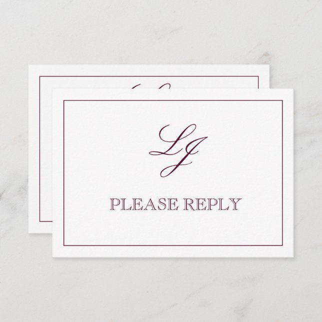 Klassisches Burgundy Calligrafy Monogram No Meal RSVP Karte (Vorne/Hinten)