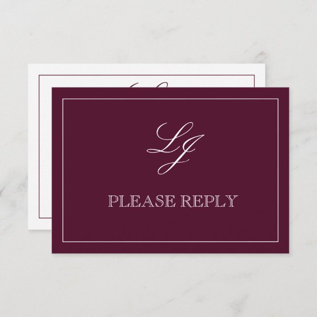 Klassisches Burgundy Calligrafy Monogram No Meal RSVP Karte (Vorne/Hinten)