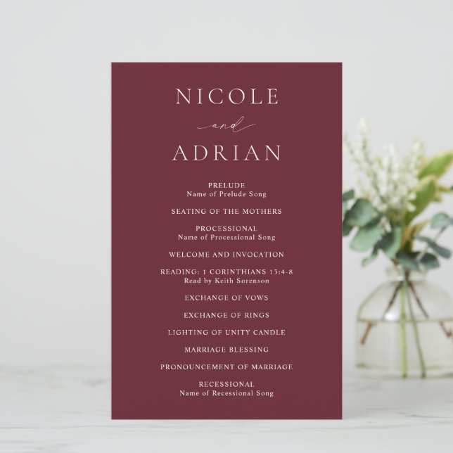 Klassisches Burgundy-Hochzeitsprogramm (Stehend Vorderseite)