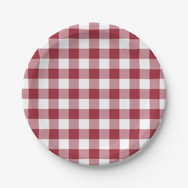 Klassisches Burgundy White Gingham Kariertes Muste Pappteller (Vorderseite)