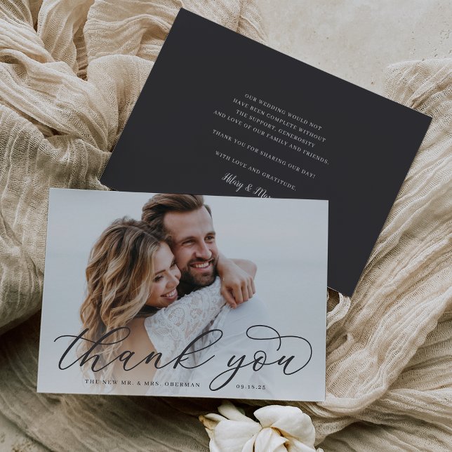 Klassisches Calligrafy Script-Hochzeitsskript-Foto Dankeskarte (Von Creator hochgeladen)