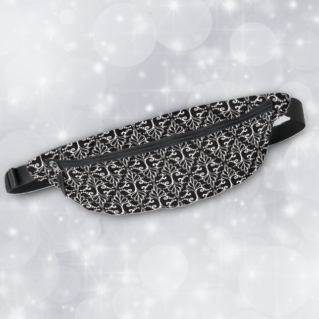 Klassisches Damasmuster Schwarz-weiß mit Rollen Bauchtasche (Classic damask pattern in black and white with fancy scrolls on fanny pack.)