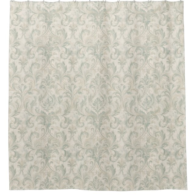 Klassisches Damastmuster Salbeigrün und Beige Duschvorhang (Vorderseite)