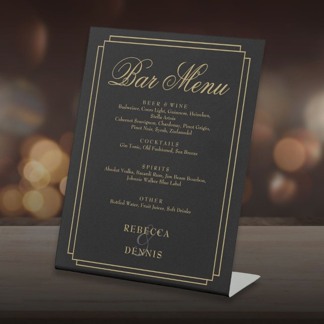 Klassisches Déco-Menü für Hochzeiten in Schwarz un Sockelschild (Black And Gold Classic Art Deco Wedding Bar Menu Pedestal Sign)