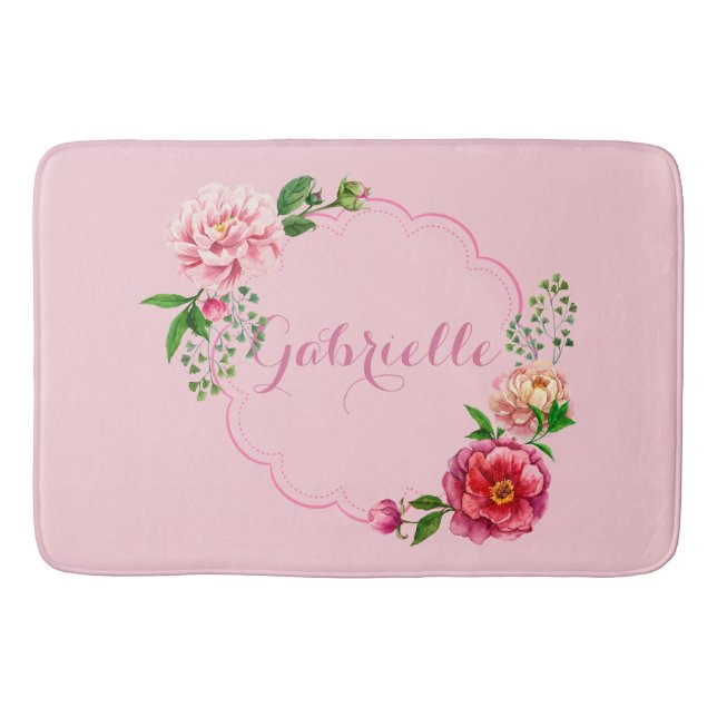 Klassisches Design: Hübsch rosa Blumenrahmen Badematte (Vorderseite)