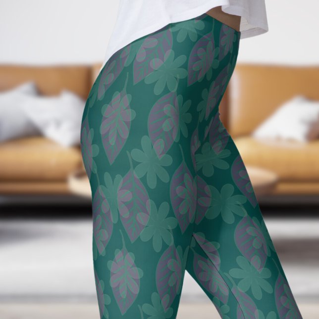 Klassisches Dschungelgrünes Leaf- und Petalmuster Leggings (Leaf and Petal on Deep Jungle Green Leggings)