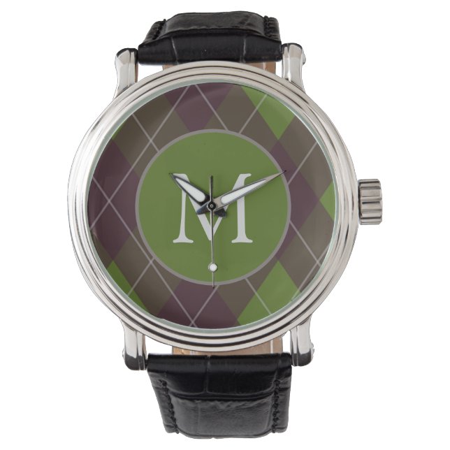 Klassisches dunkelgrünes Argyle-Muster mit Monogra Armbanduhr (Vorderseite)