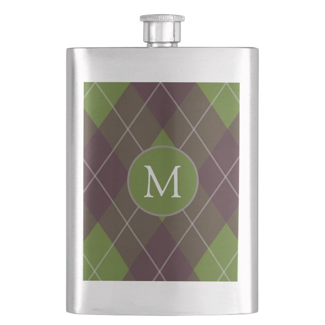 Klassisches dunkelgrünes Argyle-Muster-Monogramm Flachmann (Vorderseite)
