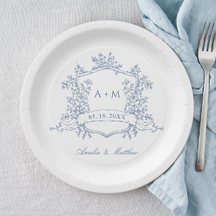Klassisches Dusty Blue Floral Wappen Monogram Wedd Pappteller