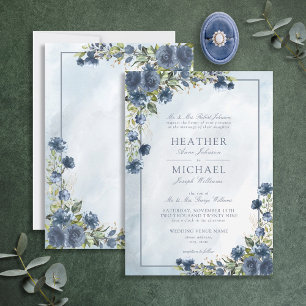 Klassisches Dusty Blue Gold Floral Watercolor Scri Einladung