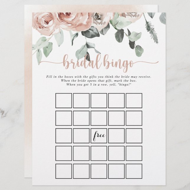 Klassisches Dusty Pink Rose Bridal Bingo Spiel (Vorne/Hinten)