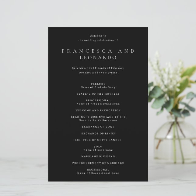 Klassisches einfaches Hochzeitsprogramm in Schwarz (Stehend Vorderseite)