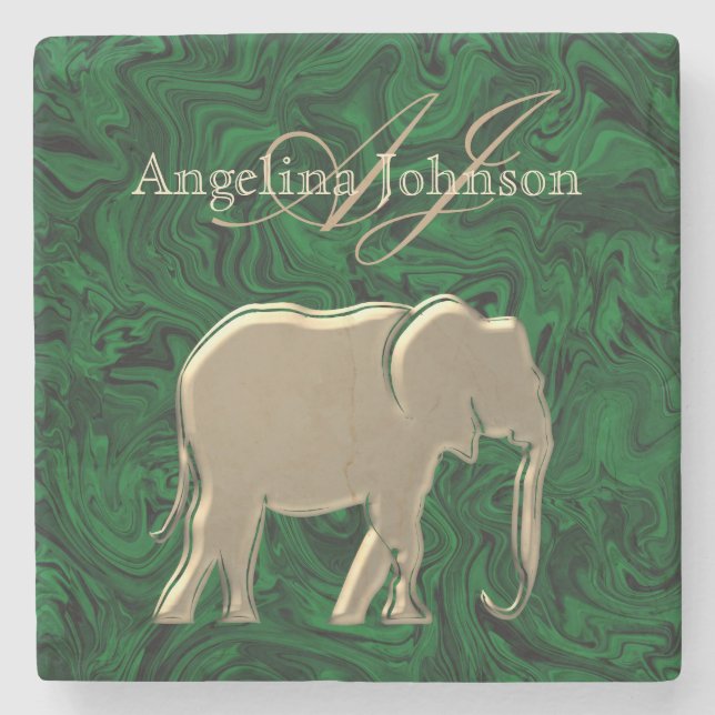 Klassisches Elegant Gold Elephant Green Marble Mon Steinuntersetzer (Vorderseite)