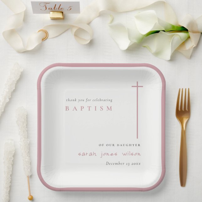 Klassisches Elegant Minimal Rosa Typografie Taufe Pappteller (Hochzeit)