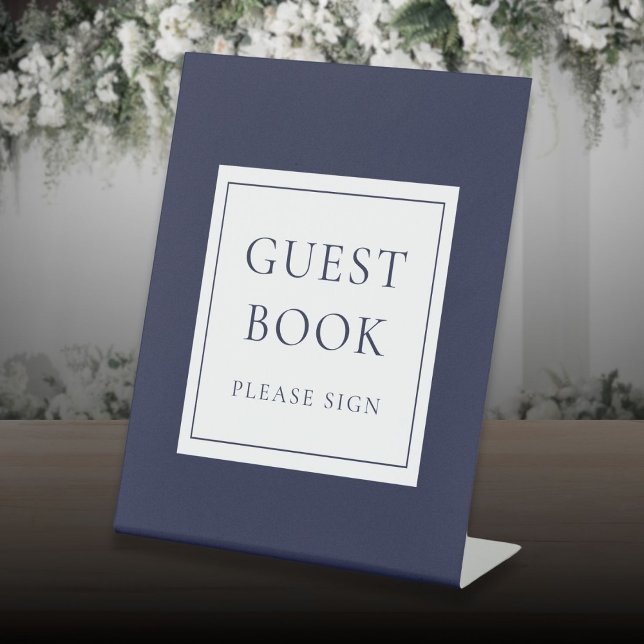 Klassisches Elegant Navy Blue Gästebuch Sockelschild (Classic Elegant Navy Blue Guest Book Pedestal Sign)