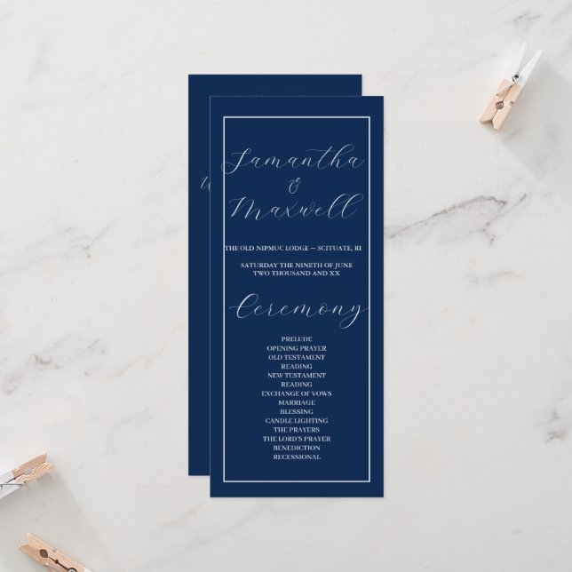 Klassisches Elegant Navy Blue Hochzeitsprogramm (Vorderseite/Rückseite Beispiel)