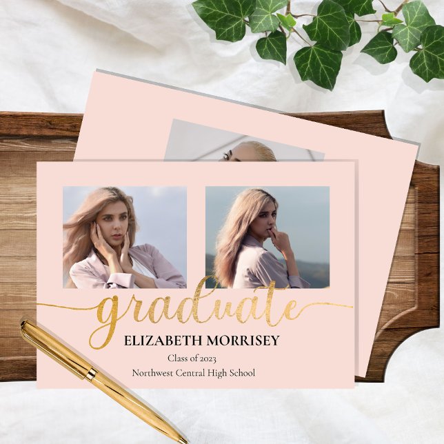 Klassisches elegantes Gold Script Graduate 3 Foto Ankündigung (Von Creator hochgeladen)