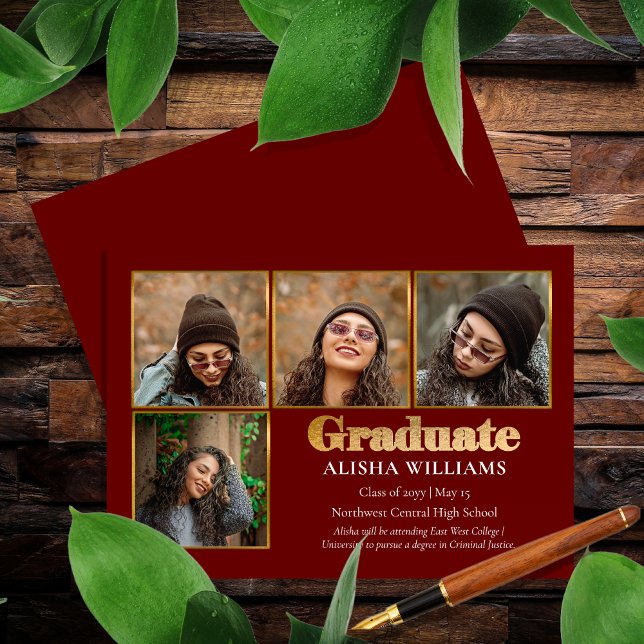 Klassisches elegantes Gold Text Graduate 4 Foto Ankündigung (Classy Elegant Gold Tone Text "Graduate" 4 Photo Graduation Announcement -- Print | Digital Download)