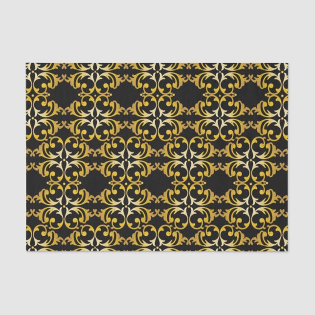 Klassisches elegantes Gold- und Black Damask Muste Seidenpapier (Vorderseite)