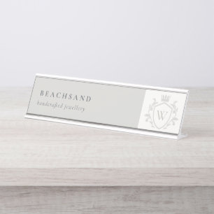 Klassisches Elegantes graues Monogram, florales Cr Schreibtischnamensplakette