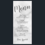 Klassisches elegantes Menü aus weißem Marmor Menükarte<br><div class="desc">Klassische Klassische White Marble Wedding Menu Card mit dem Titel in grauem,  modernem Script Schriftart mit Hochzeitsmenüdetails in grauem,  modernem Sans Serif Schriftart auf weißem Marmorhintergrund.</div>