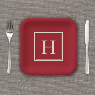 Klassisches Elegantes Monogramm auf Cranberryrot Pappteller