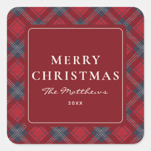 Klassisches Elegantes Rot Tartan Frohe Weihnachten Quadratischer Aufkleber