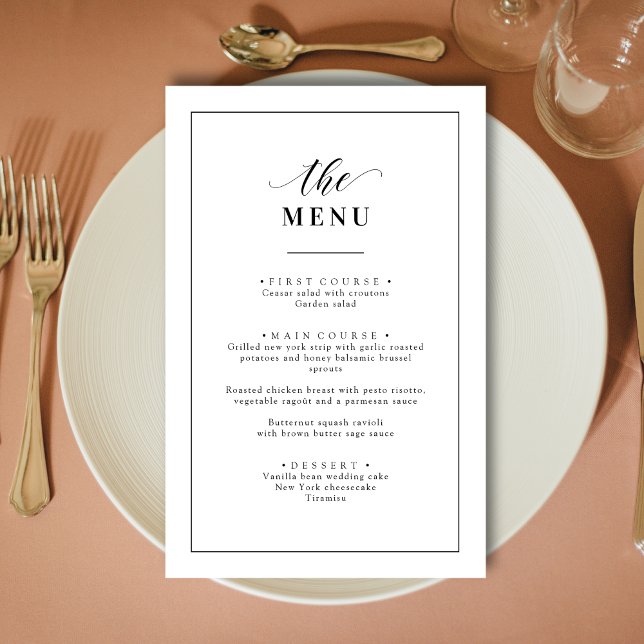 Klassisches elegantes Schwarz-Weiß-Menü (Classic elegant black and white wedding menu adds timeless style to each place setting)