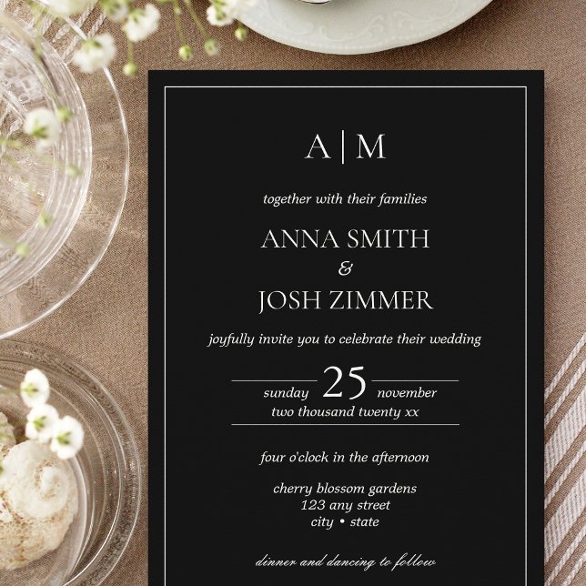 Klassisches elegantes Schwarz-Weiß-Minimalistische Einladung (All Black Classy Wedding Invitation)