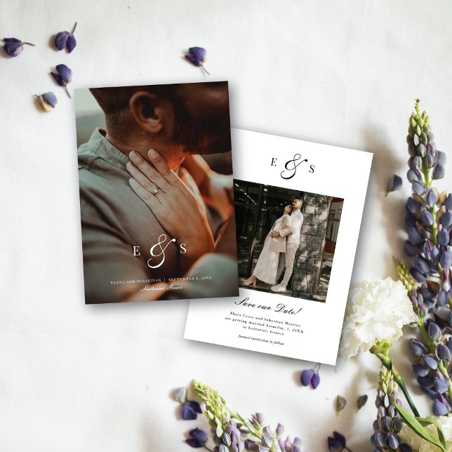 Klassisches Elegantes Skript Monogramm Zweiseitige Save The Date (Von Creator hochgeladen)