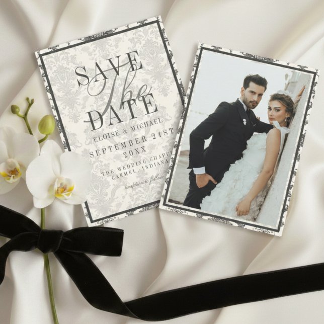 Klassisches Elfenbein-Damaskus-Rocaille-Muster-Fot Save The Date (Classic Ivory Damask Rococo Pattern Photo Wedding Save The Date)