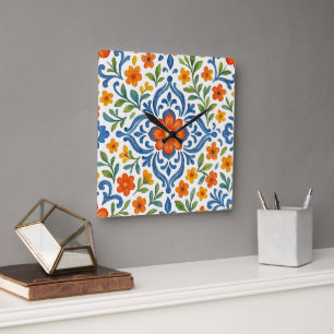 Klassisches ethnisches mediterranes florales Kunst Quadratische Wanduhr