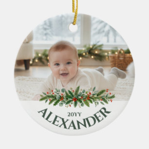 Klassisches Foto vom ersten Weihnachten des Babys Keramik Ornament