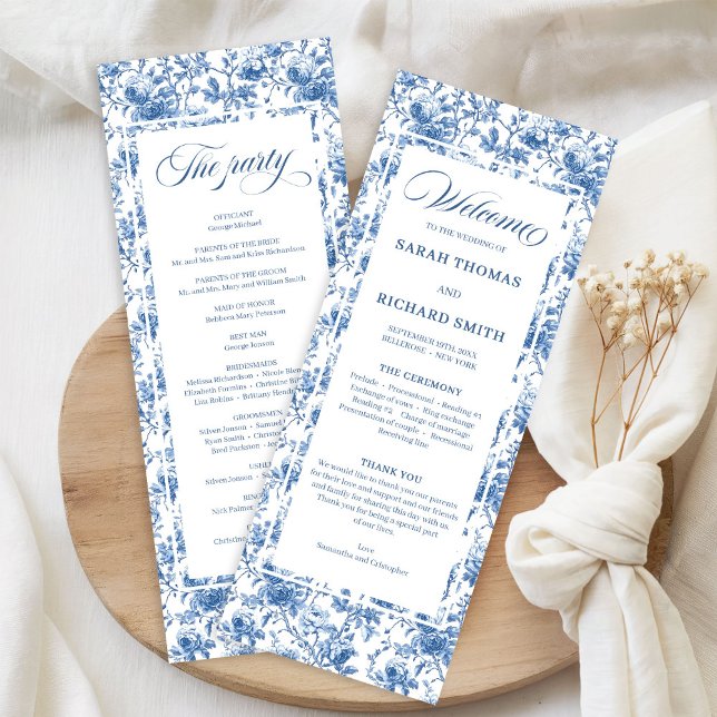 Klassisches Französisch Blau Rosen Toile Hochzeits Programm (Classic French Blue Roses Toile Wedding Program)