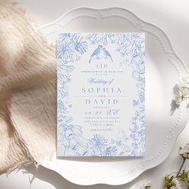 Klassisches Französisch Blau Weiß Floral Hochzeit Einladung