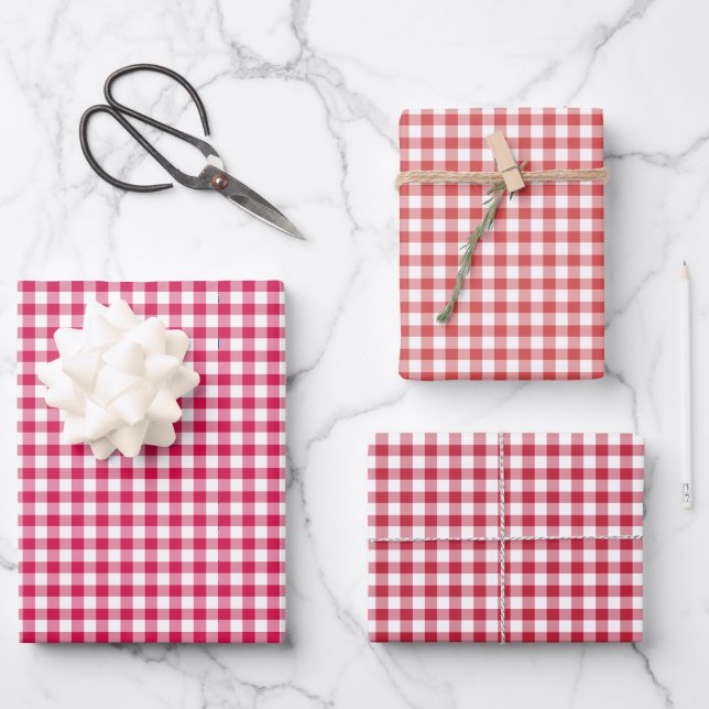 Klassisches Gingham 3 Rot Geschenkpapier Set (Vorderseite)