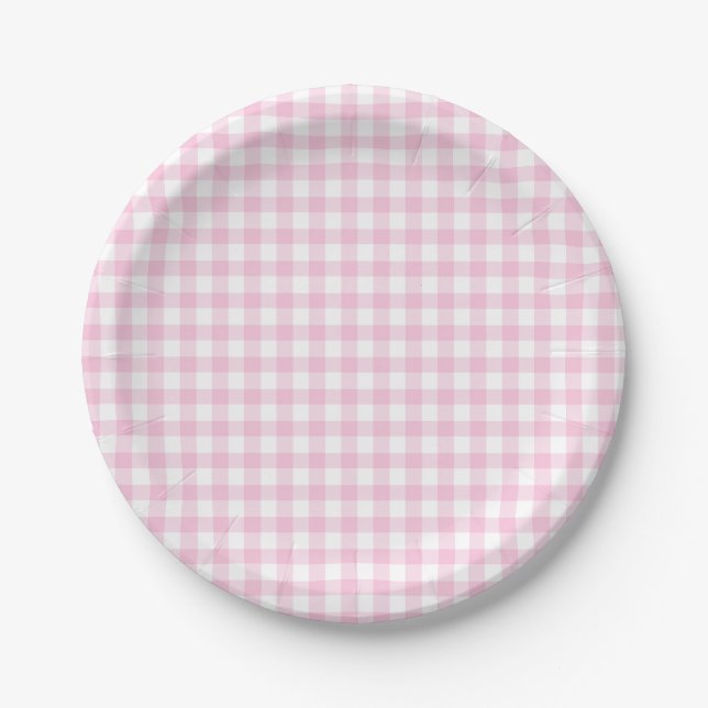 Klassisches Gingham Hellrosa Pappteller (Vorderseite)