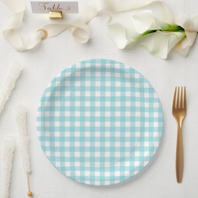 Klassisches Gingham-Karo-Karo-Muster Hellblau Pappteller (Hochzeit)