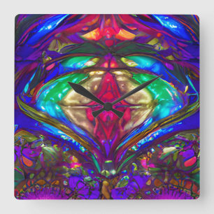 Klassisches Glasmuster in Blau, Grün, Rot Quadratische Wanduhr