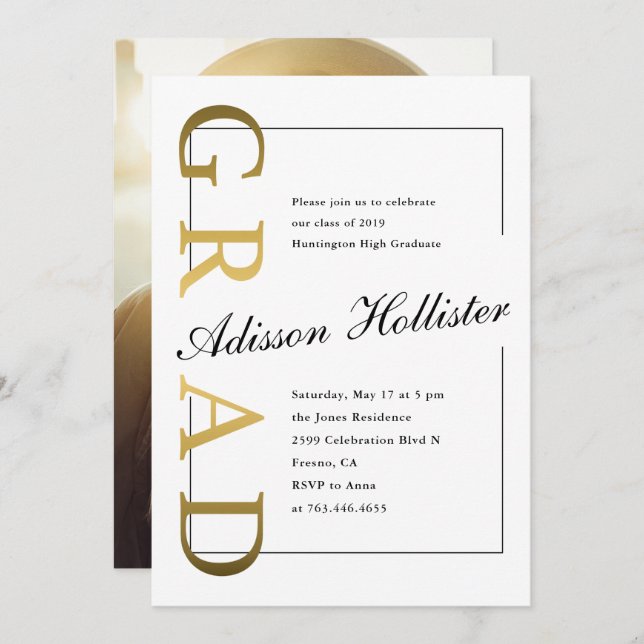 Klassisches Gold-ABSOLVENT Foto-Abschluss-Party Einladung (Vorne/Hinten)