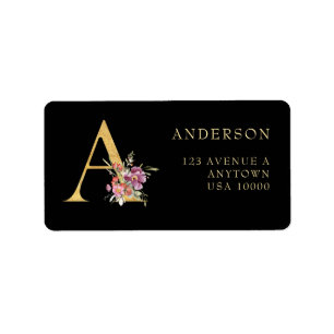 Klassisches Gold Monogramm A mit rosa Florals Adressaufkleber