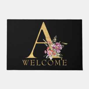 Klassisches Gold Monogramm A mit rosa Florals Fußmatte