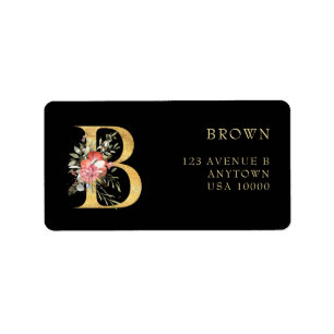 Klassisches Gold-Monogramm B mit rosa Floral-Label Adressaufkleber