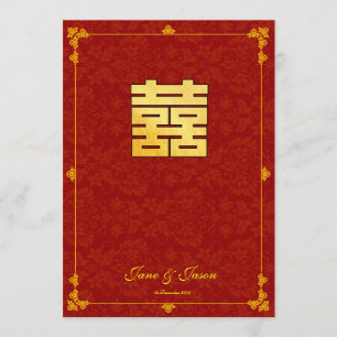 Klassisches Gold-Rot-Doppel-Glück-Hochzeits-RSVP Einladung