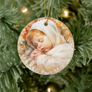 Klassisches goldfarbenes Baby Jesus schläft Keramik Ornament
