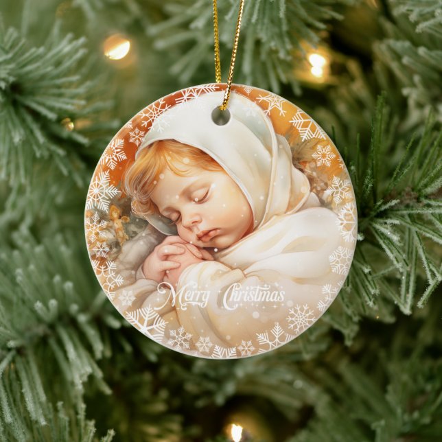 Klassisches goldfarbenes Baby Jesus schläft Keramik Ornament (Baum)