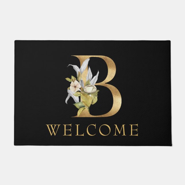 Klassisches Goldmonogramm B mit Blume Doormat Fußmatte (Vorderseite)